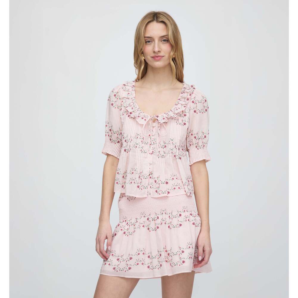 Hill House Home The Camri Top - Pink Floral Vine Scallop Size MPink Floral Vine